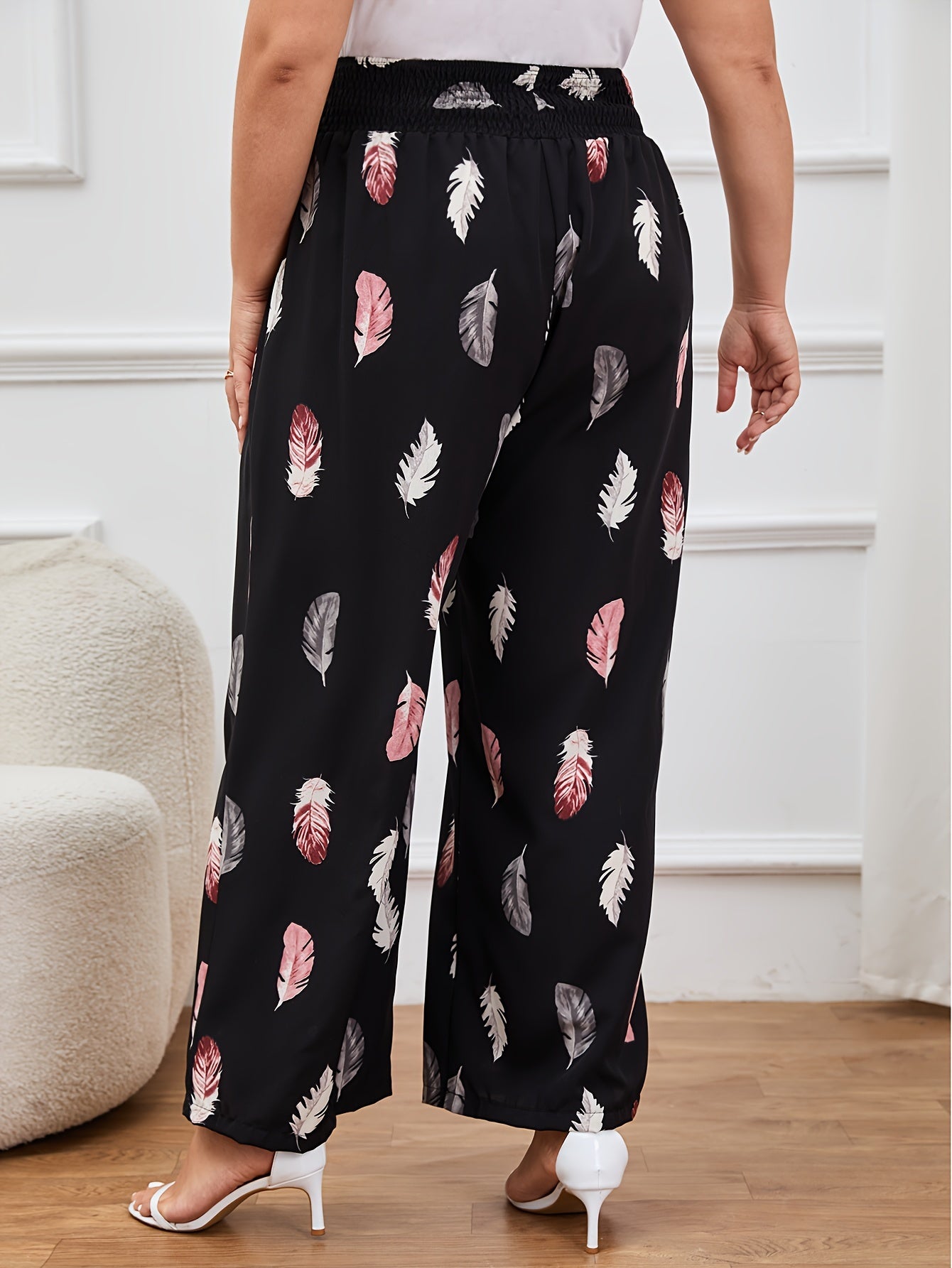 Feather Print Wide Leg Trousers
