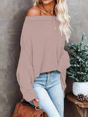  Solid Waffle Pattern Off Shoulder Long Sleeve Jumper