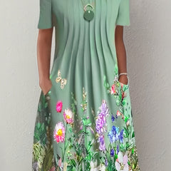 Floral Print Pleated Front Dress Short Sleeve Dual Pockets