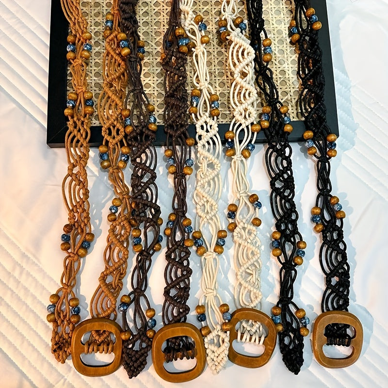 Boho Braided Belt with Vintage Wood Beads