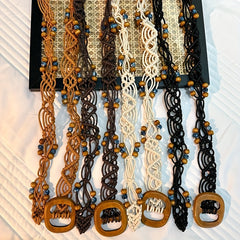 Boho Braided Belt with Vintage Wood Beads