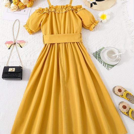 Girls Casual Solid Princess Pleated Dress Cold Shoulder Short Sleeves