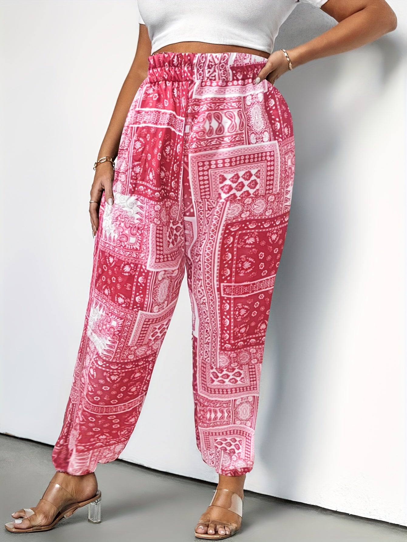  Boho Patchwork Print High Rise Trousers