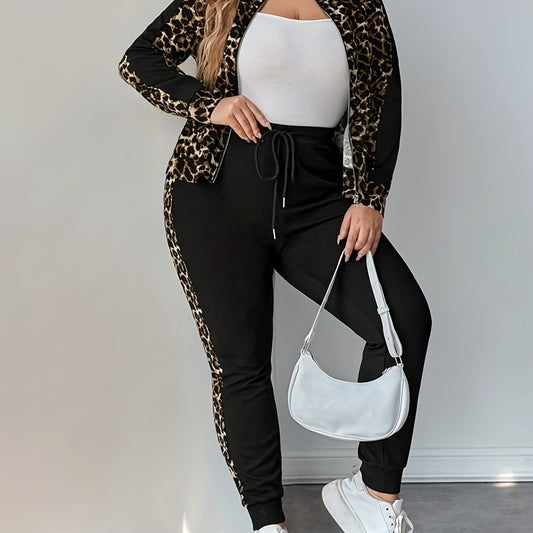 Women's Plus Leopard Print Top & Joggers Set