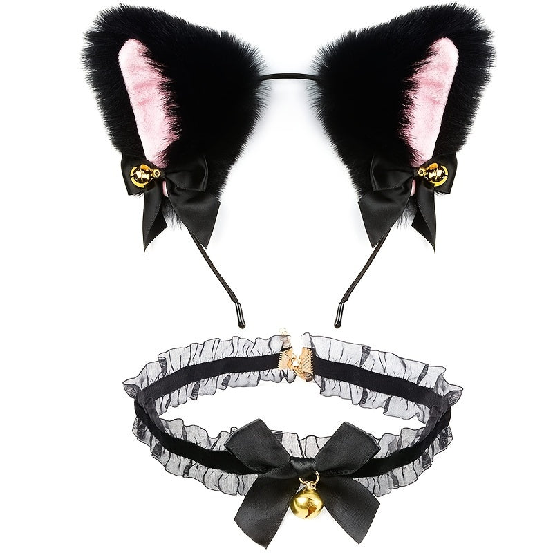 Cat Ears Hair Hoop & Bow Lace Choker Set
