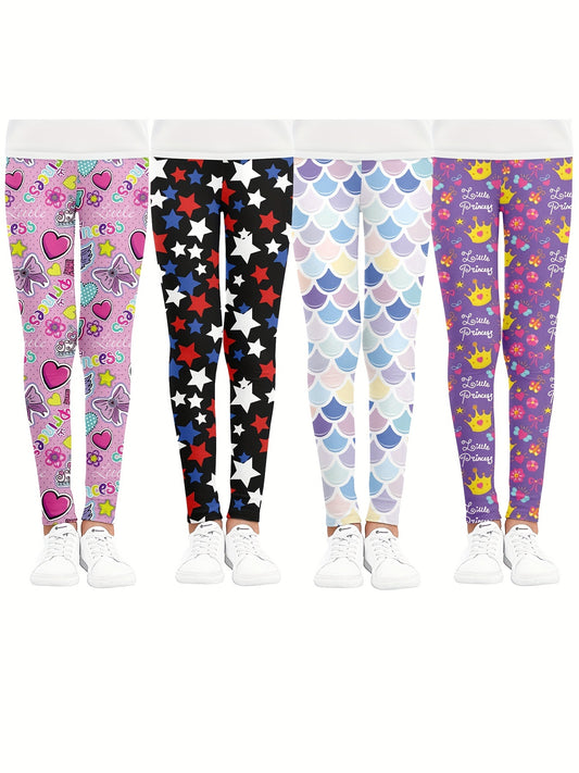 Girls Crown Stars Bow and Fish Scales Athletic Leggings