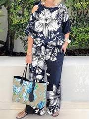  Floral Print Short Sleeve Tee & Wide Leg Pants Set