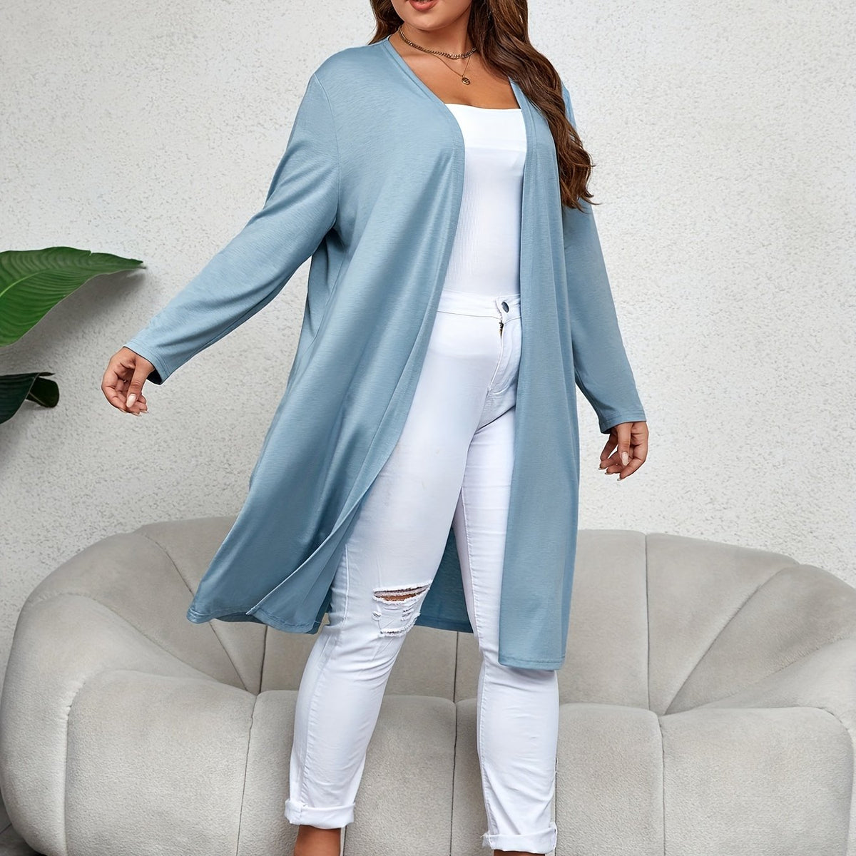  Solid Open Front Long Sleeve Cardigan