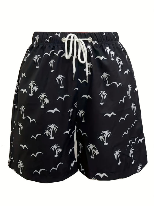 Coconut Tree Bird Pattern Print Men's Swim Trunks Quick Dry Beach Shorts