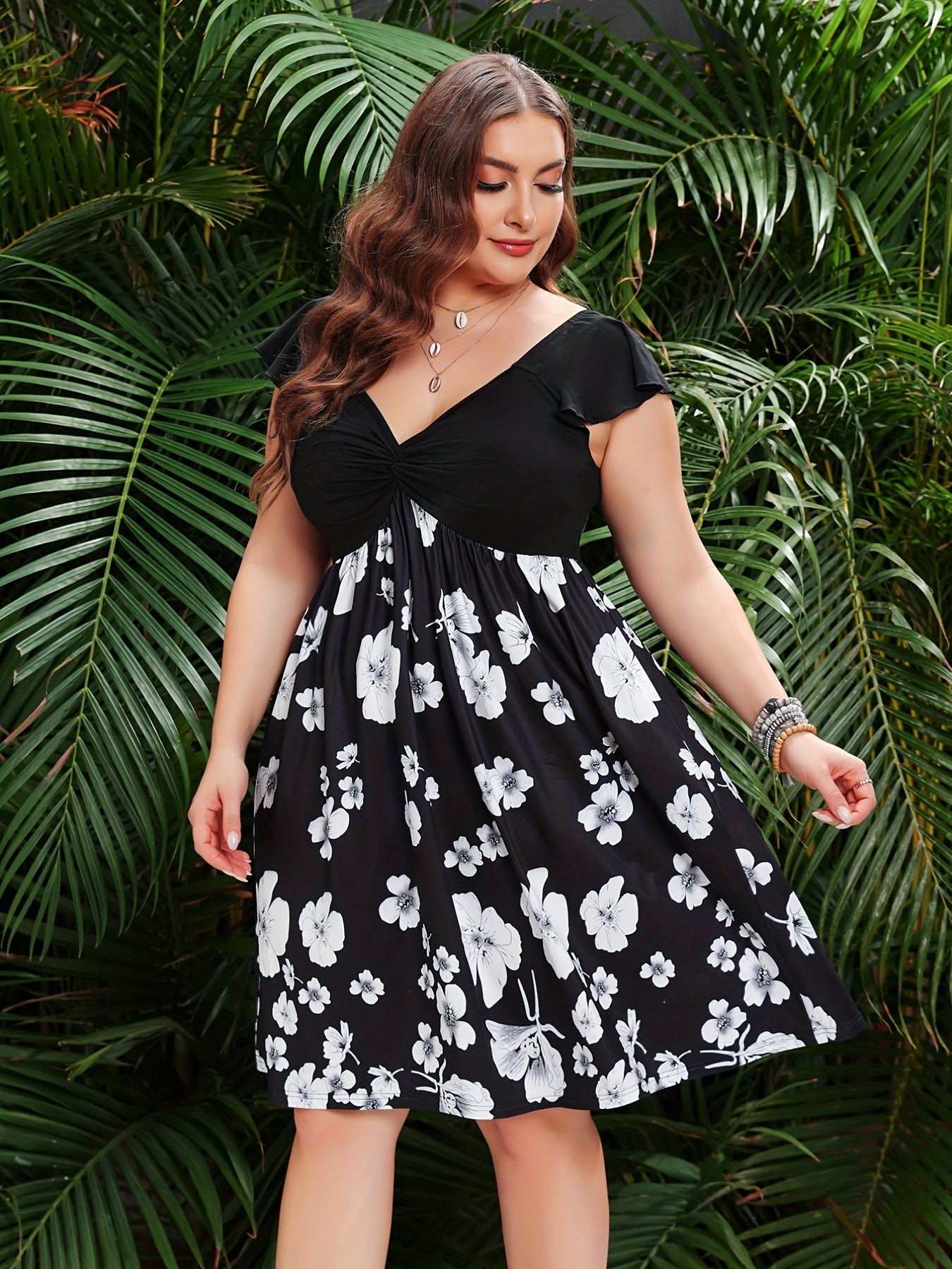  Colorblock Floral Print Cap Sleeve Dress