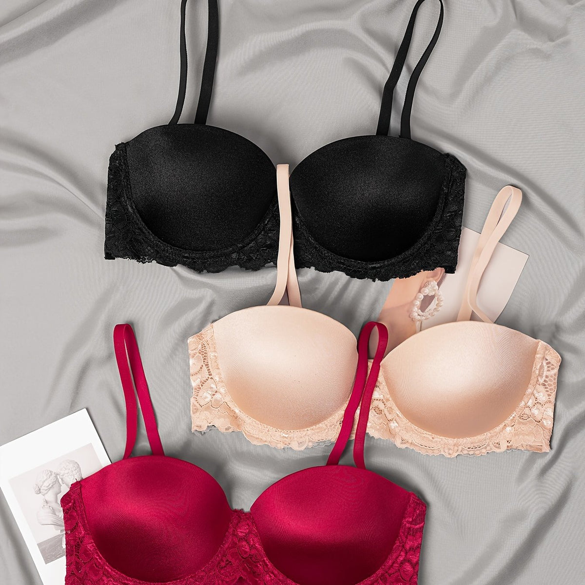 3pcs Lace Balconette Bras Push Up Bra Women's Lingerie