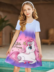 Girls Unicorn Print Short Sleeve Dress Summer Clothes