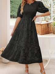 Jacquard Crew Neck Maxi Dress Ruched Short Sleeve
