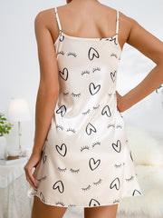 Heart Print Satin Nightdress Crew Neck Sleep Dress Women's Sleepwear