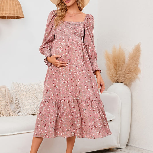 Maternity Floral Maxi Dress Long Sleeve Square Neck