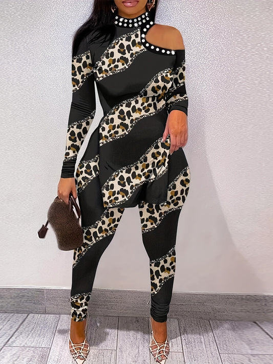 Leopard Patchwork Print Two-piece Set Cold Shoulder Split T-shirt & Casual Pants