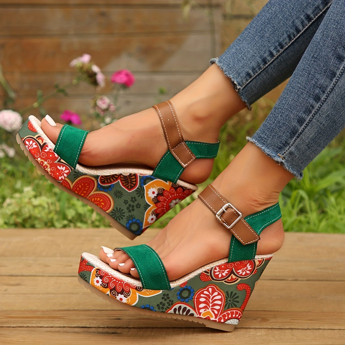 Women's Floral Print Wedge Sandals Colorful Open Toe Buckle Strap Heels