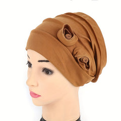 Double Flower Decor Turban Cap Head Wrap Solid Elastic Beanies Lightweight
