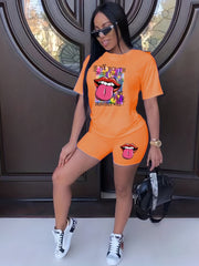 Lips Print Casual Two piece Set Crew Neck Short Sleeve Tee & Slim Shorts Outfits