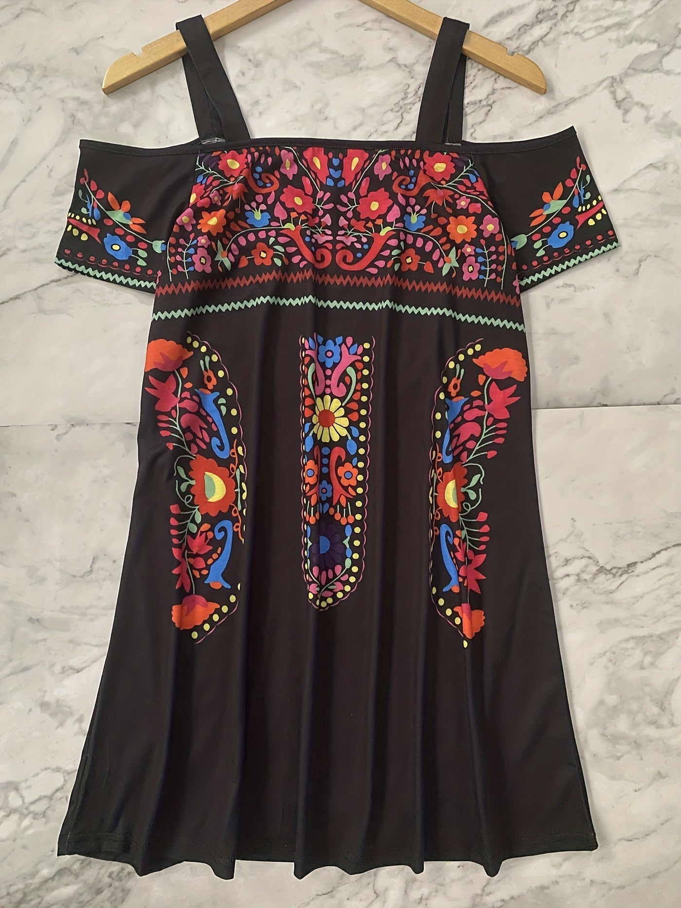 Tribal Print Cold Shoulder Dress Short Sleeve V Neck Dress