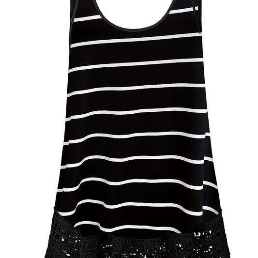  Stripe Print Lace Trim Tank Top