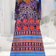  Colorblock Floral Print Button Up Round Neck Dress