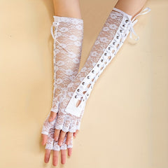 Y2K Lace Up Long Gloves Half Finger Decorative Bowknot Punk Gloves