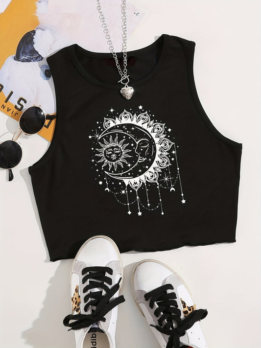Sun & Moon Print Crop Tank Top Sleeveless Summer Casual Top
