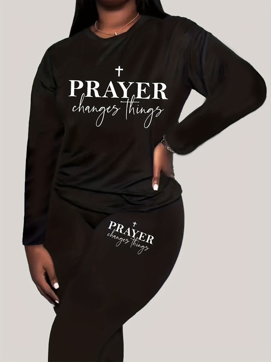  2 Piece Set Women's Slogan Print Top & Leggings Outfit