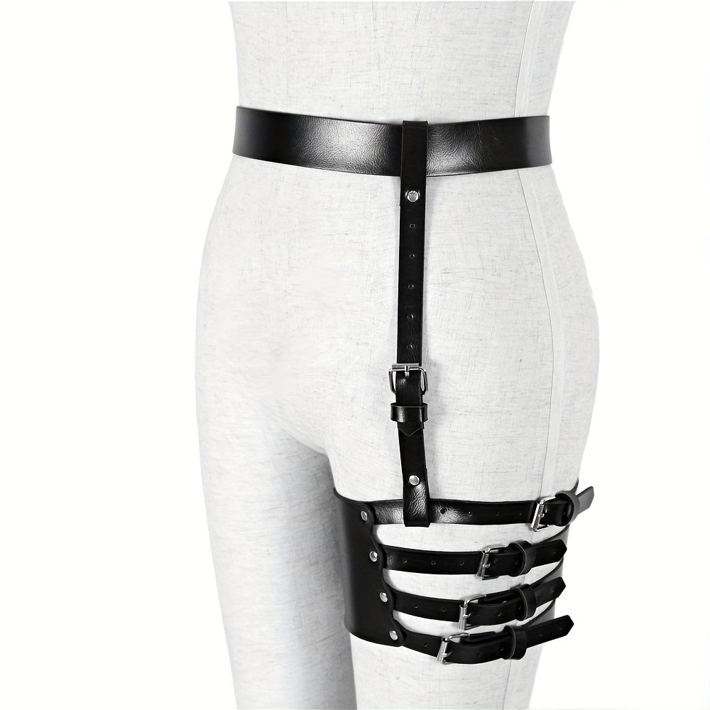 Gothic Harness Leg Gaiter Punk PU Leather Rivet Belt Hollow Out Rivet Leg Ring
