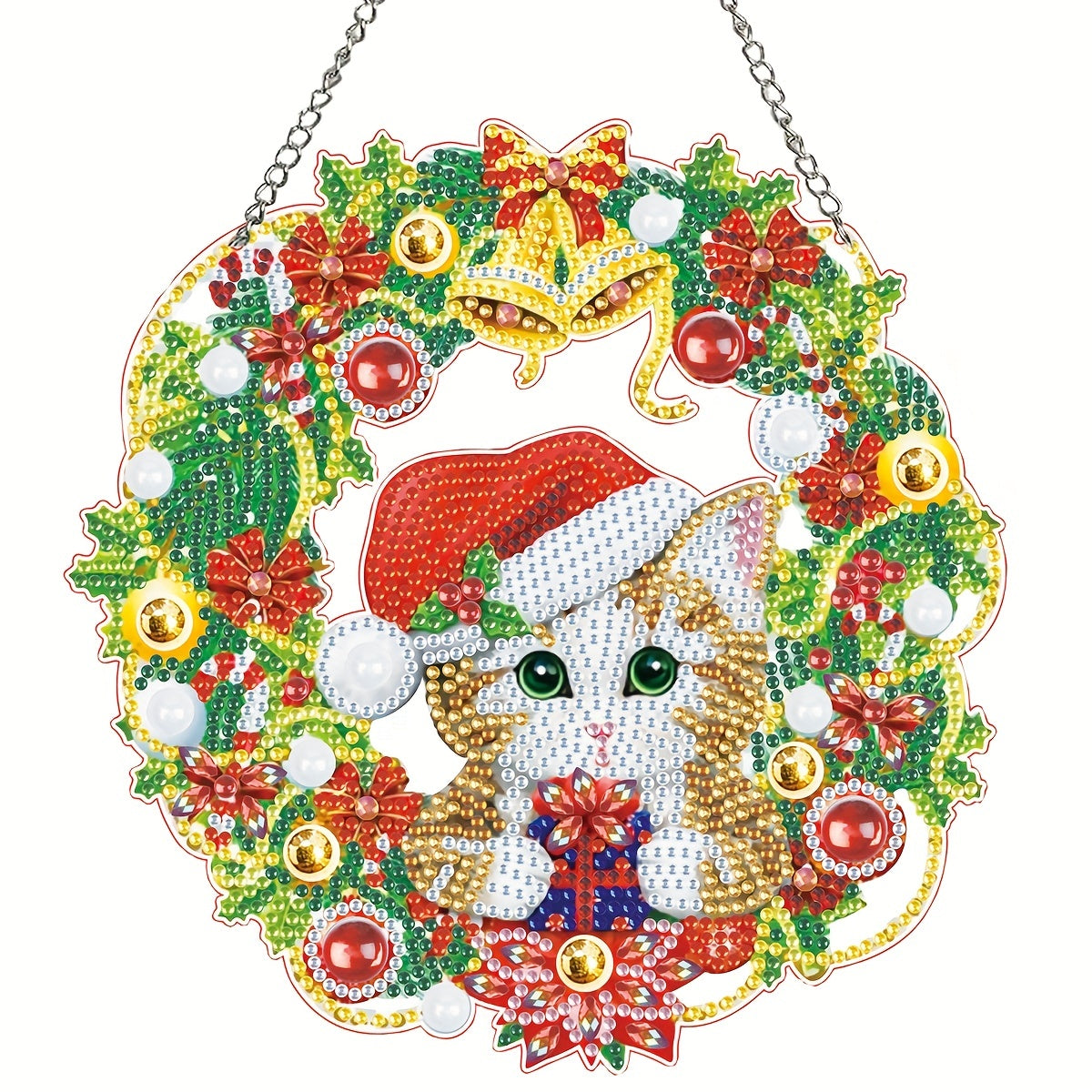 Christmas Cat Wreath Pattern Diamond Painting DIY Pendant