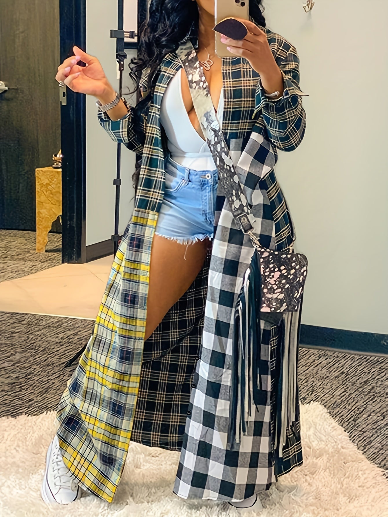 Plaid Long Line Coat Button Down Open Front Coat Women's Clothing