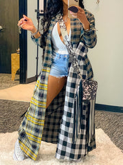 Plaid Long Line Coat Button Down Open Front Coat Women's Clothing