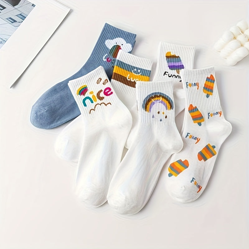 6 Pairs Ice Cream & Rainbow Socks Women's Mid Tube Stockings Hosiery