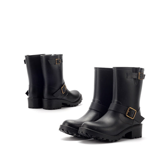 Women's Chunky Heel Rain Boots Waterproof Mid Calf Booties