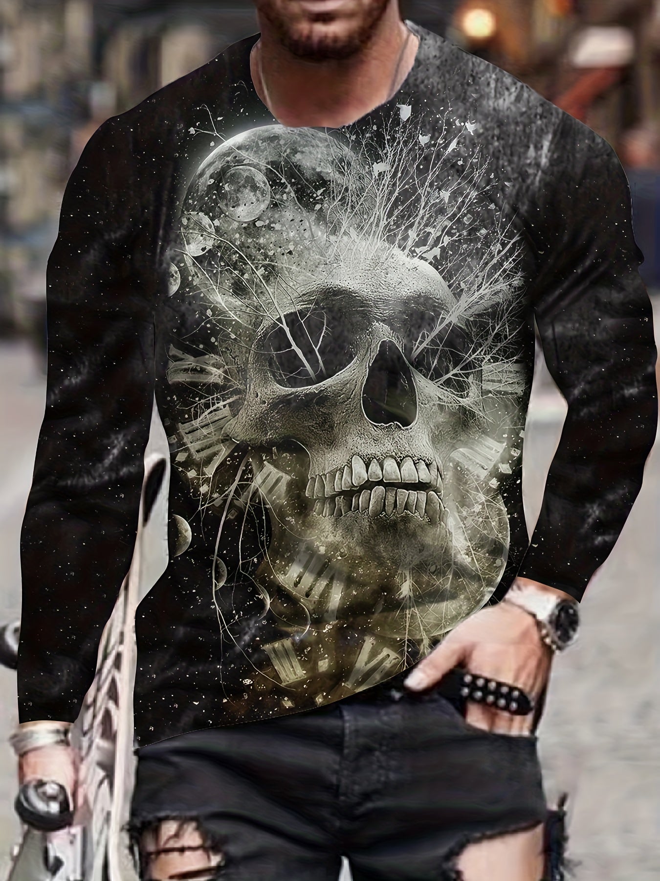 Skull 3D Print Men's Long Sleeve Graphic T-Shirt for Autumn