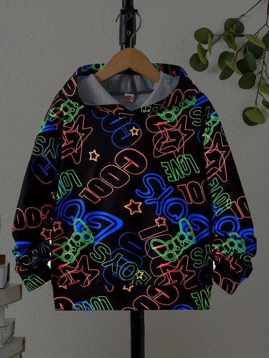 Boys Luminous Letter & Gamepad Print Hooded Sweatshirt