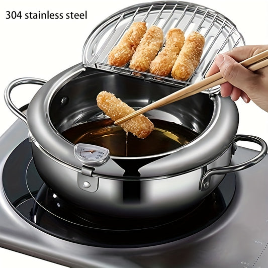 Stainless Steel Deep Fryer Pot 3400ml - Tempura Small Fryer w/ Thermometer