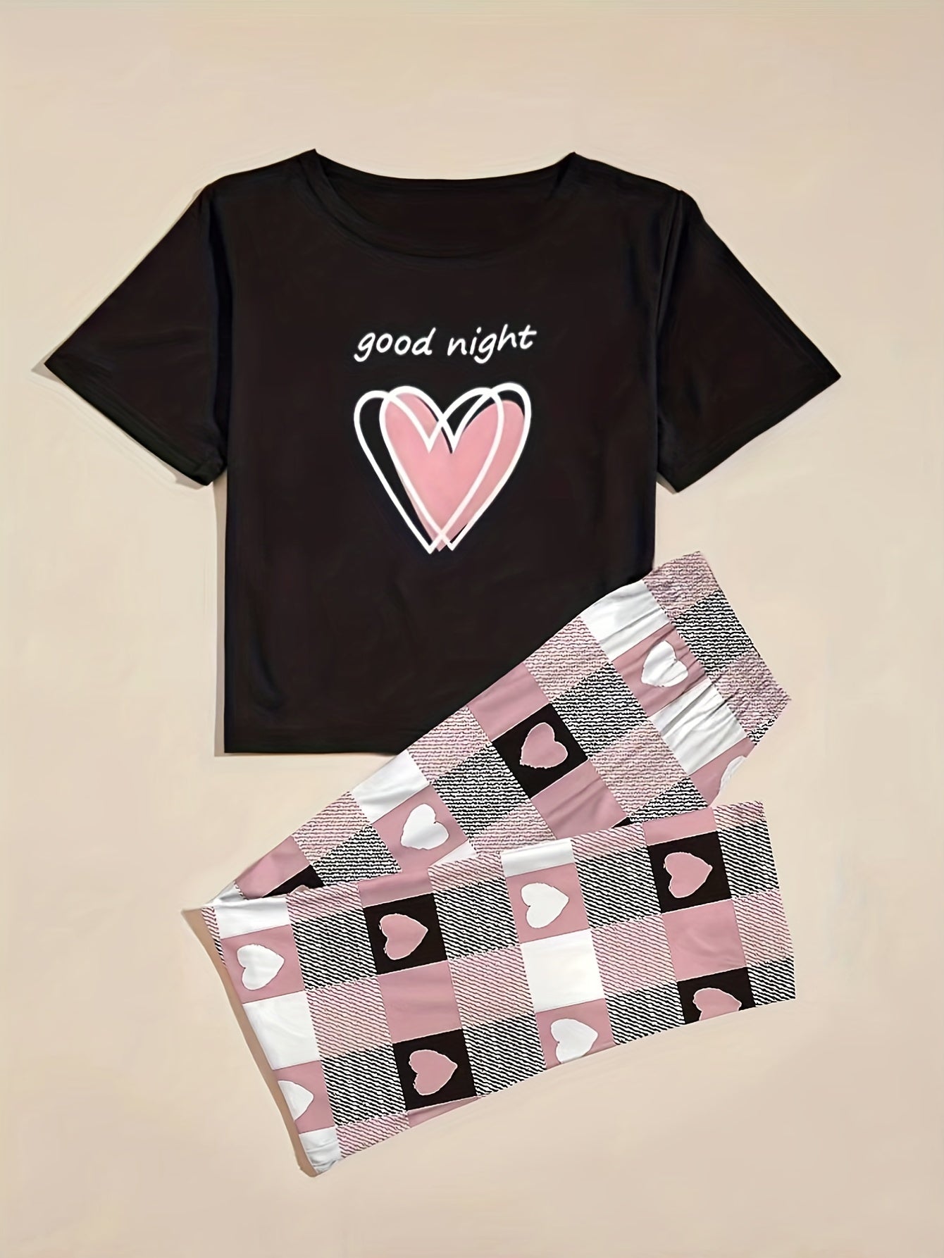 Heart & Letter Print Pajama Set Short Sleeve Tops & Plaid Print Elastic