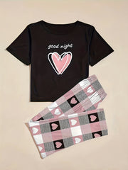 Heart & Letter Print Pajama Set Short Sleeve Tops & Plaid Print Elastic