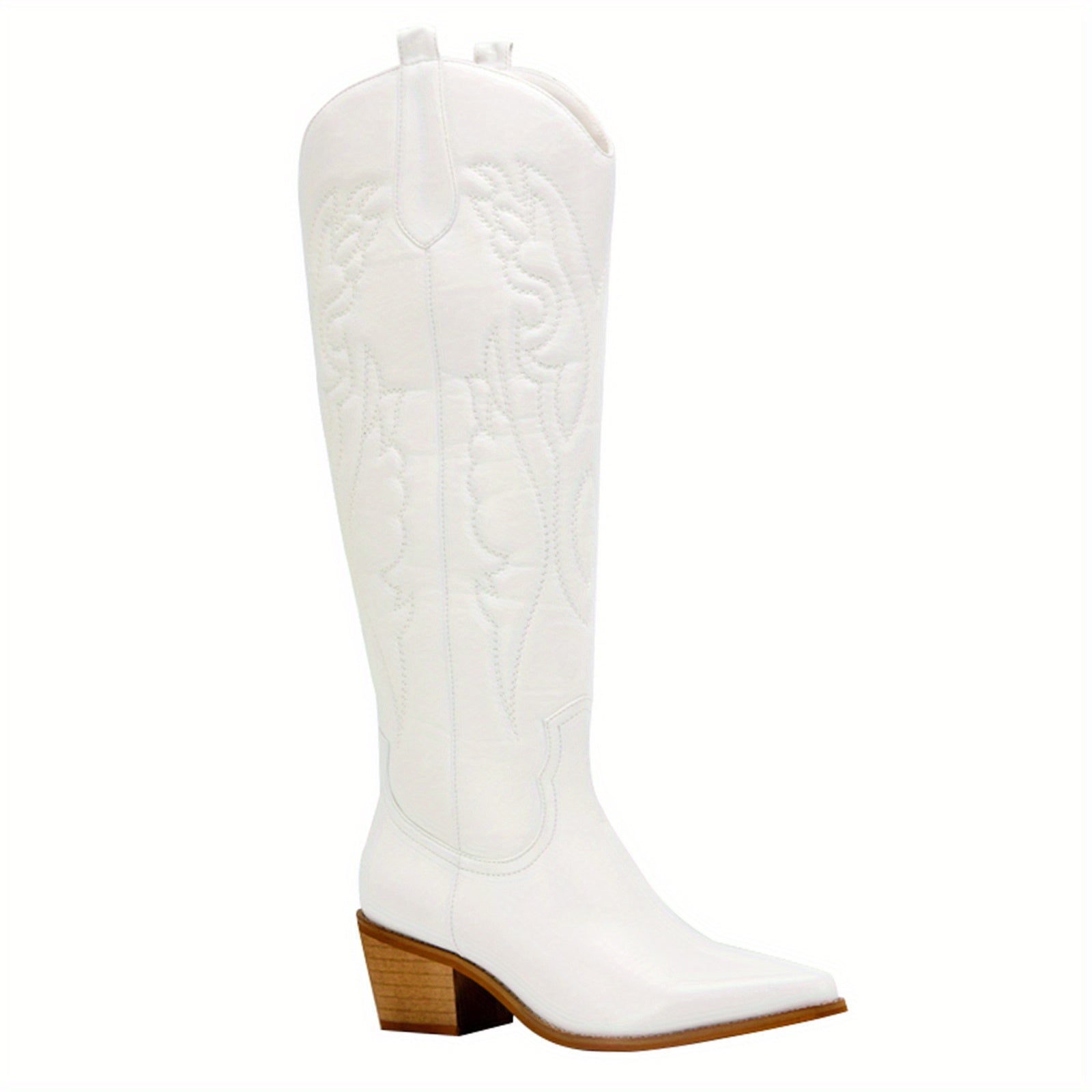 Embroidered Knee High Boots Pointed Toe Chunky Heel Western Shoes