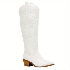 Embroidered Knee High Boots Pointed Toe Chunky Heel Western Shoes