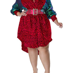  Colorblock Leopard Print Sequin Button Up Long Sleeve Shirt Dress