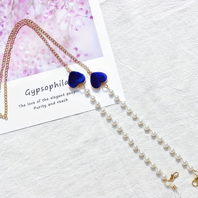 Velvet Double Heart Pendant Mask Chain with Faux Pearl Detail