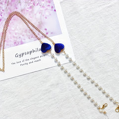 Velvet Double Heart Pendant Mask Chain with Faux Pearl Detail