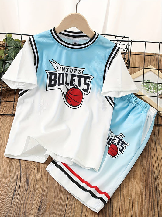 Boys Basketball & Letter Graphic T-Shirt & Shorts Jersey Set