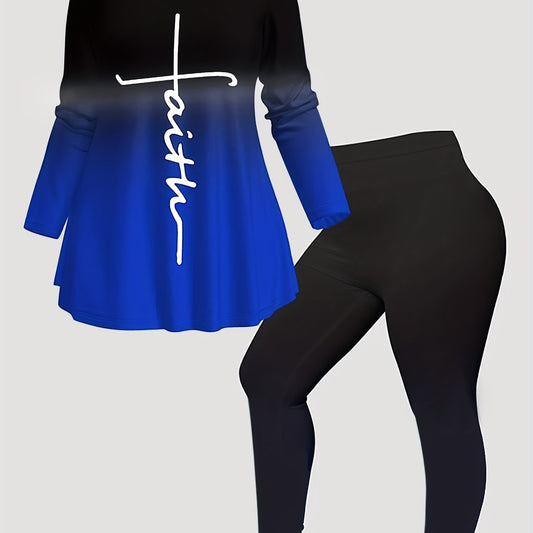Women's Plus Ombre & Cross Letter Long Sleeve Crew Neck Top & Pants Outfits Set