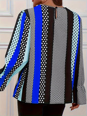  Colorblock Dot Print Lantern Sleeve Top