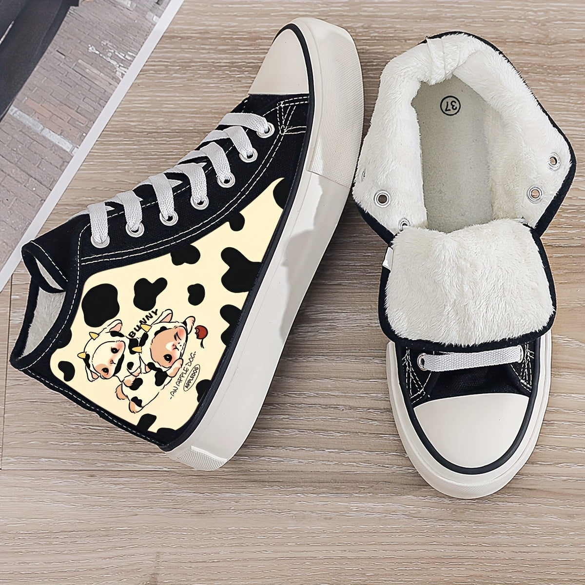 Cow Print Plush Lined Chunky Canvas Sneakers