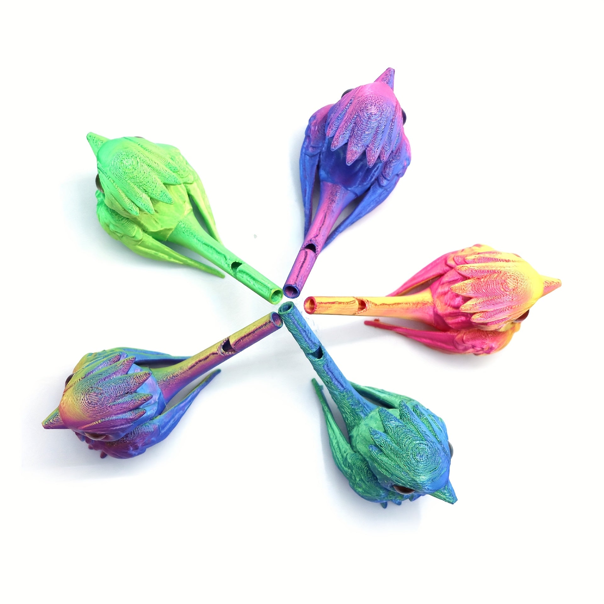 Colorful 3D Printed Whistling Bird Figurines with Realistic Eyes